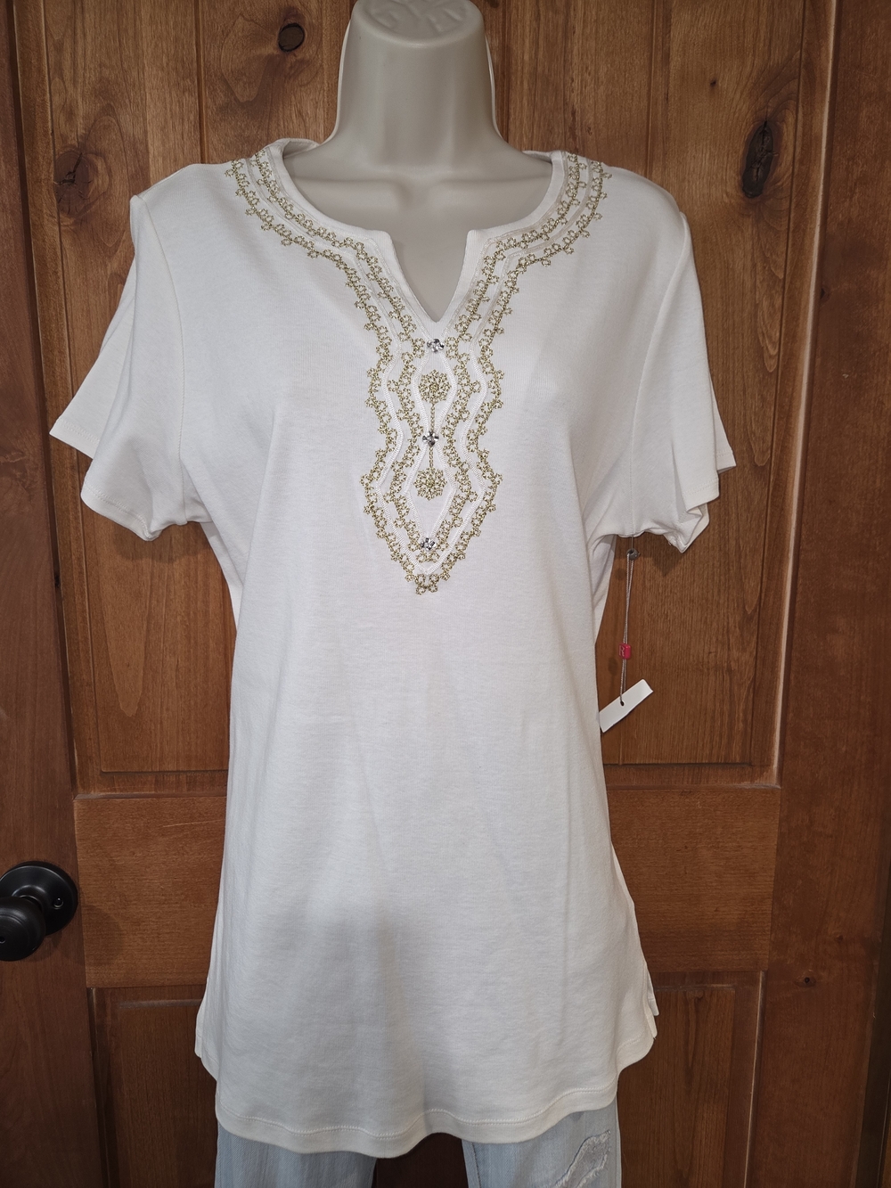Rafaella Cream Short-Sleeve Top with‎ Gold Embroidery